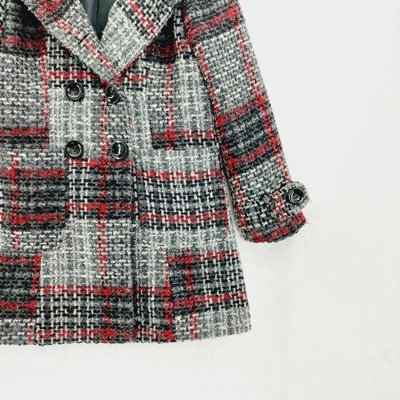 INTL d.e.t.a.i.l.s Red Gray Black Plaid Button Up Winter Pea Coat Z54 - Picture 3 of 7